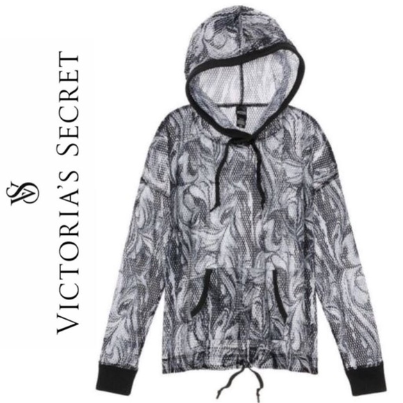 VICTORIA'S SECRET Black White Marble Swirl Mesh Sport Drawstring Hoodie - Picture 2 of 14